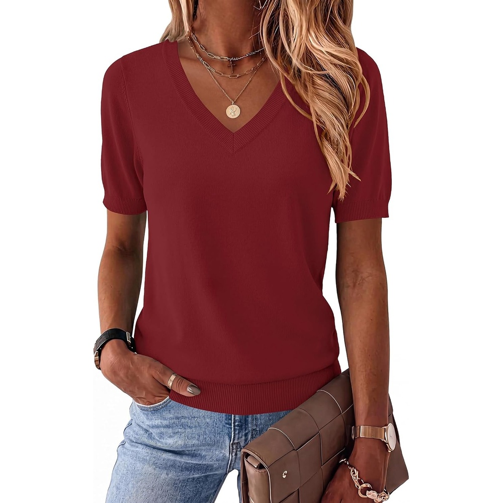 image:imageZeagoo Womens Short Sleeve Sweaters Summer V Neck Business Casual Knit TopsWine Red