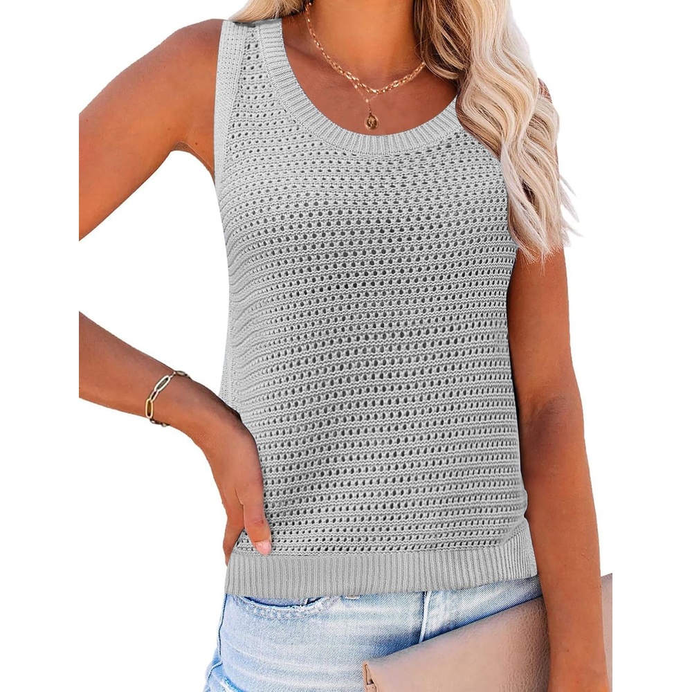 image:imageZeagoo Womens Summer Crochet Sweater Tank Tops Hollow Sleeveless TopsLight Grey