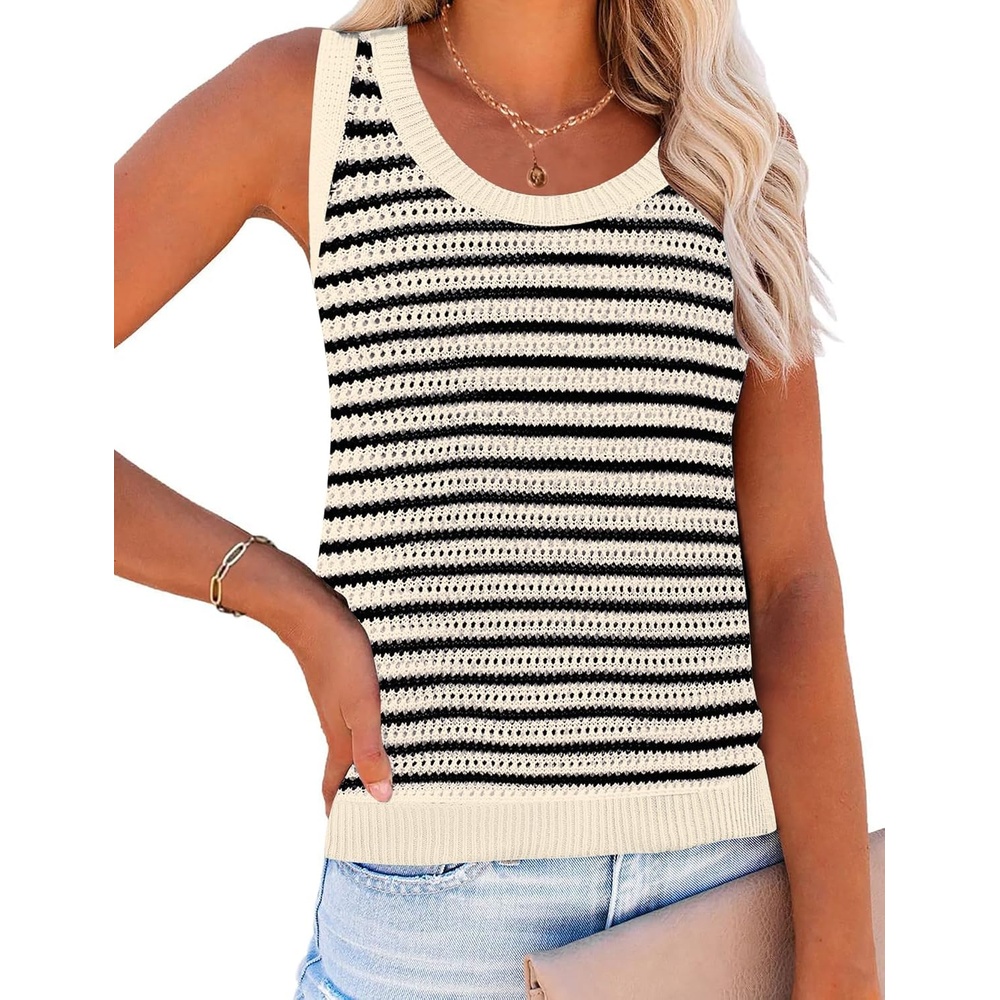 image:imageZeagoo Womens Summer Crochet Sweater Tank Tops Hollow Sleeveless TopsTw467 Stripe Beige