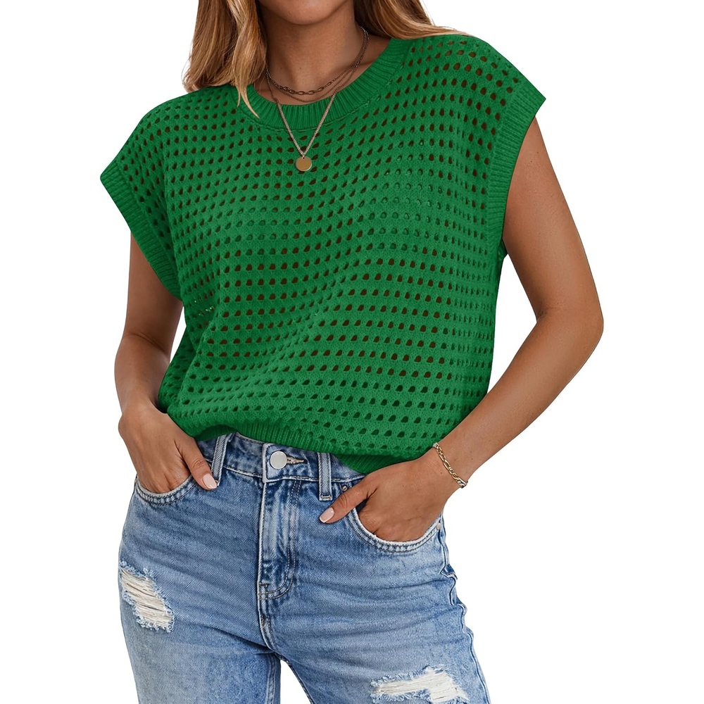 image:imageZeagoo Womens Summer Crochet Tops Cap Sleeve Hollow Pullover Sweater VestGreen