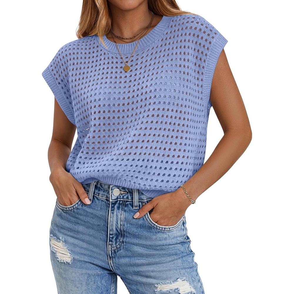 image:imageZeagoo Womens Summer Crochet Tops Cap Sleeve Hollow Pullover Sweater VestLight Blue