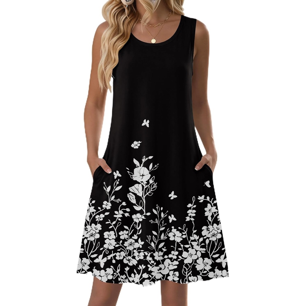 image:imageZeagoo Womens Summer Dress 2026 Sleeveless Casual ALine Tshirt Sundresses01black Floral