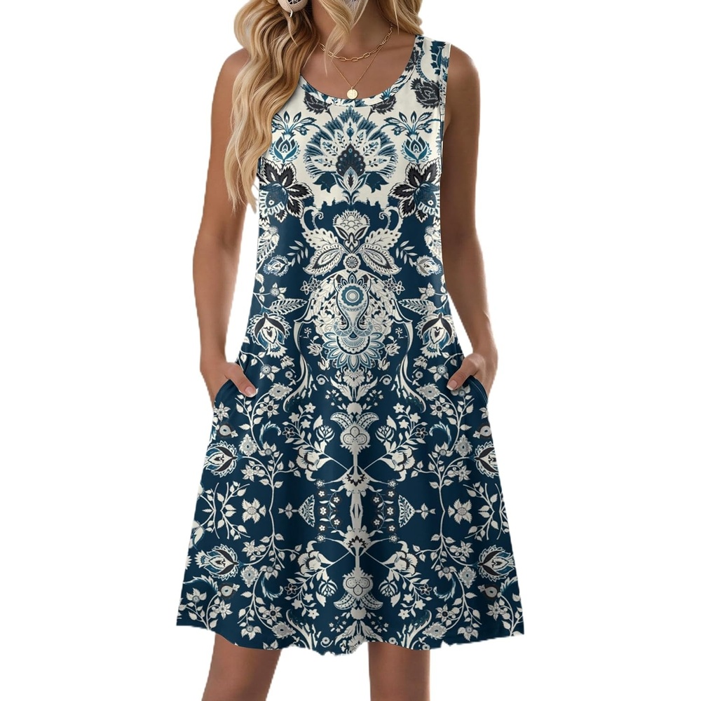 image:imageZeagoo Womens Summer Dress 2026 Sleeveless Casual ALine Tshirt SundressesBlue Boho Print