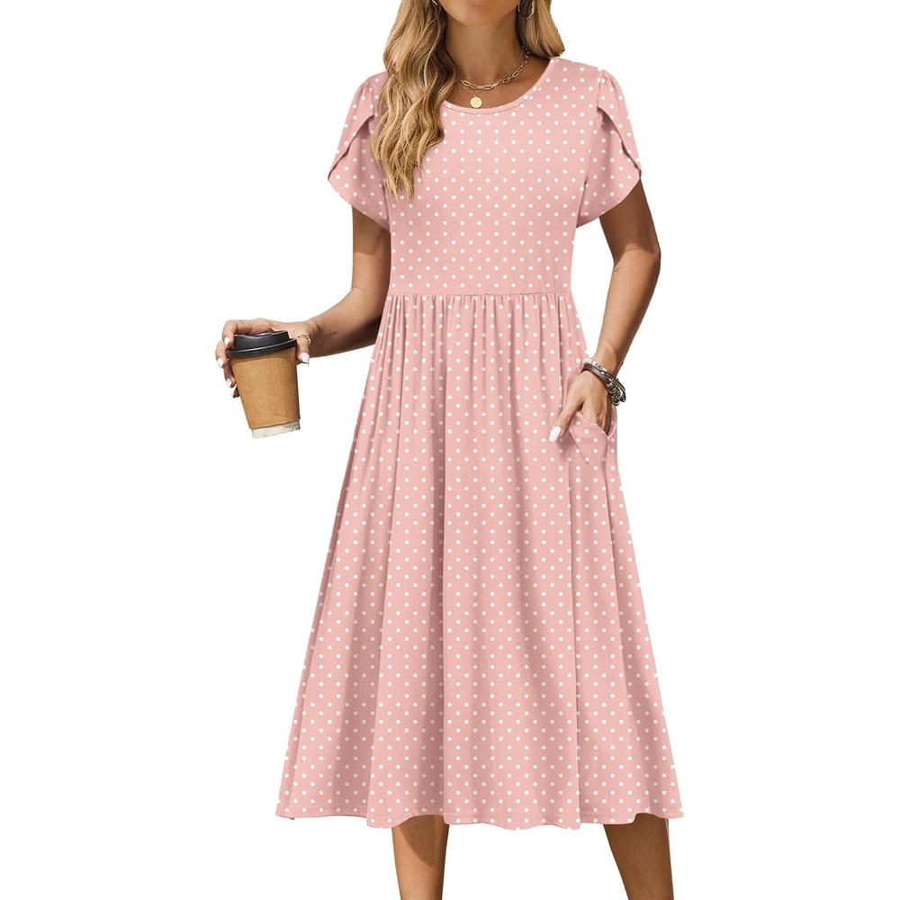 image:imageZeagoo Womens Summer Dresses Casual Aline Midi Dress Short Sleeve Floral Tshirt Dress Flowy Beach Sundresses with Pockets01pink Round Dot