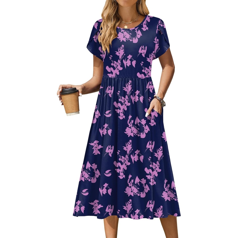 image:imageZeagoo Womens Summer Dresses Casual Aline Midi Dress Short Sleeve Floral Tshirt Dress Flowy Beach Sundresses with PocketsBlack Purpleprinted