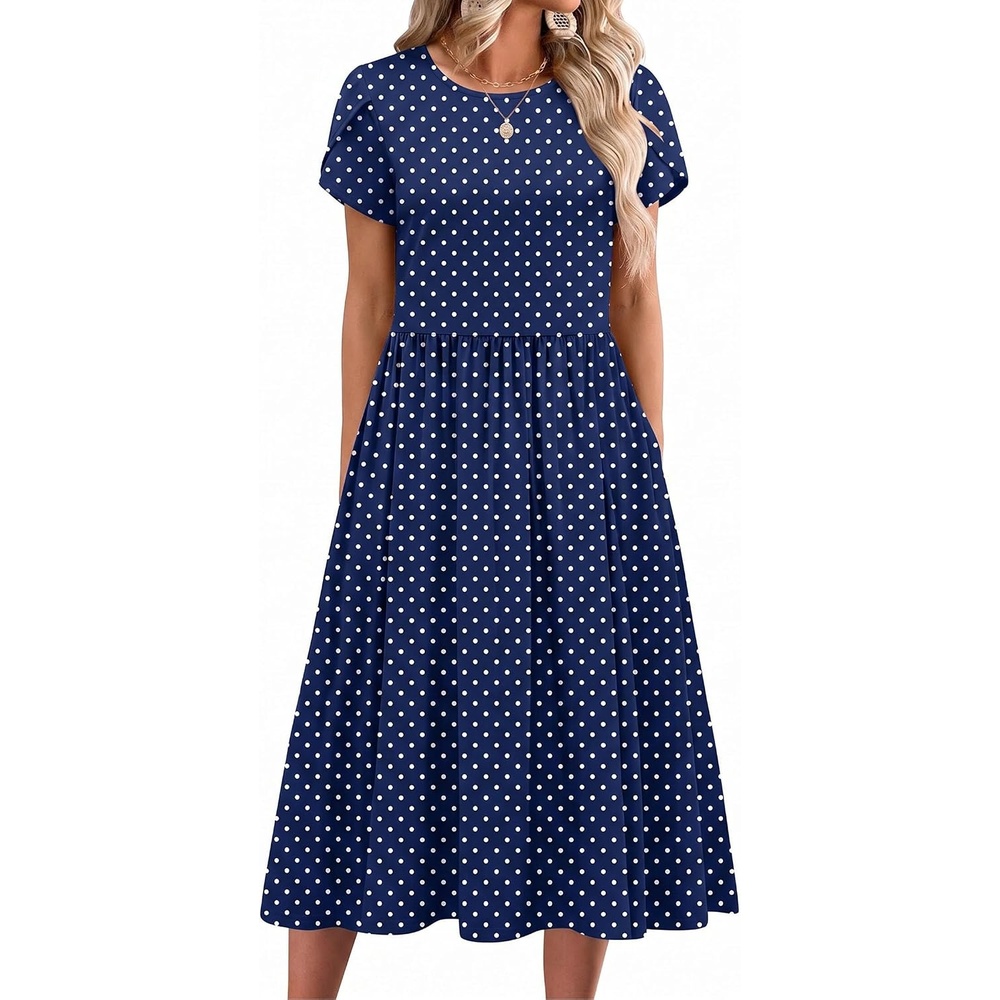 image:imageZeagoo Womens Summer Dresses Casual Aline Midi Dress Short Sleeve Floral Tshirt Dress Flowy Beach Sundresses with PocketsBlue Round Dot Print