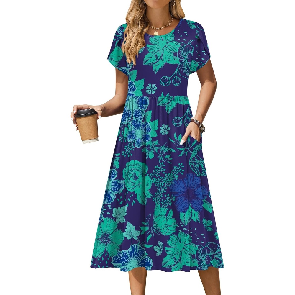 image:imageZeagoo Womens Summer Dresses Casual Aline Midi Dress Short Sleeve Floral Tshirt Dress Flowy Beach Sundresses with PocketsGreen Floral Dark Blue