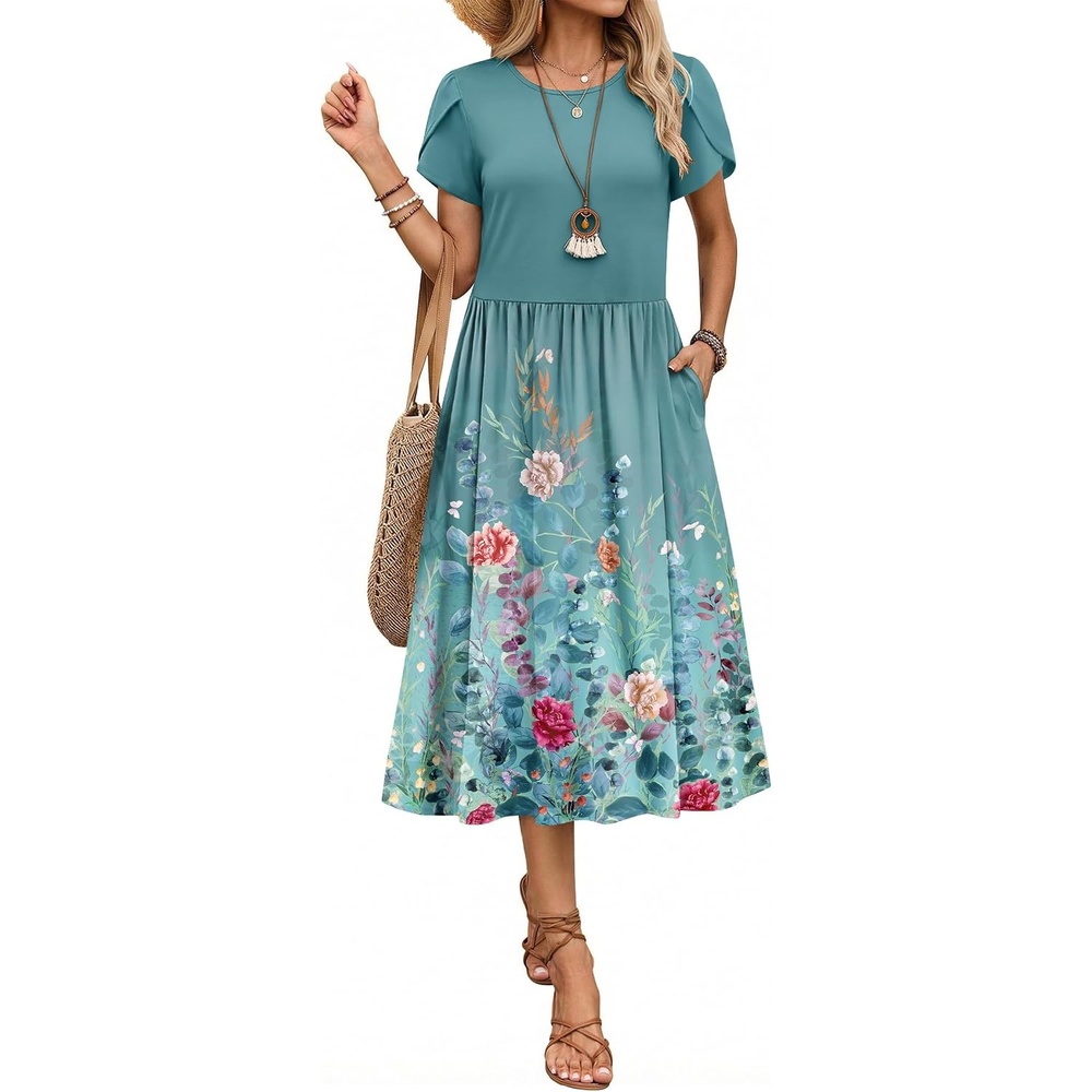image:imageZeagoo Womens Summer Dresses Casual Aline Midi Dress Short Sleeve Floral Tshirt Dress Flowy Beach Sundresses with PocketsGreen Print
