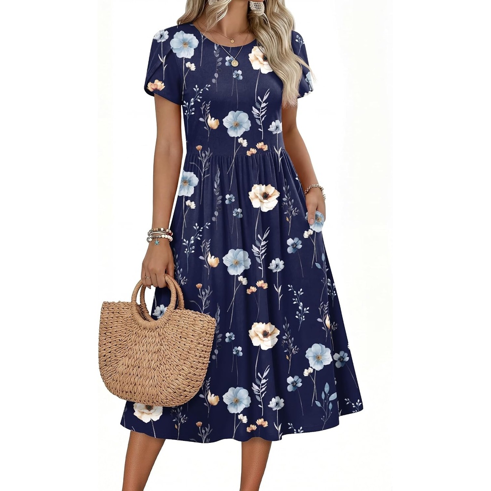 image:imageZeagoo Womens Summer Dresses Casual Aline Midi Dress Short Sleeve Floral Tshirt Dress Flowy Beach Sundresses with PocketsNavy Print