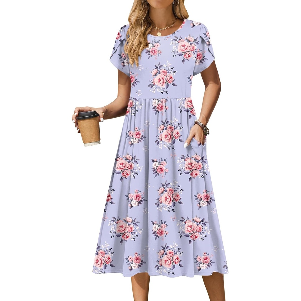 image:imageZeagoo Womens Summer Dresses Casual Aline Midi Dress Short Sleeve Floral Tshirt Dress Flowy Beach Sundresses with PocketsPurple Floral
