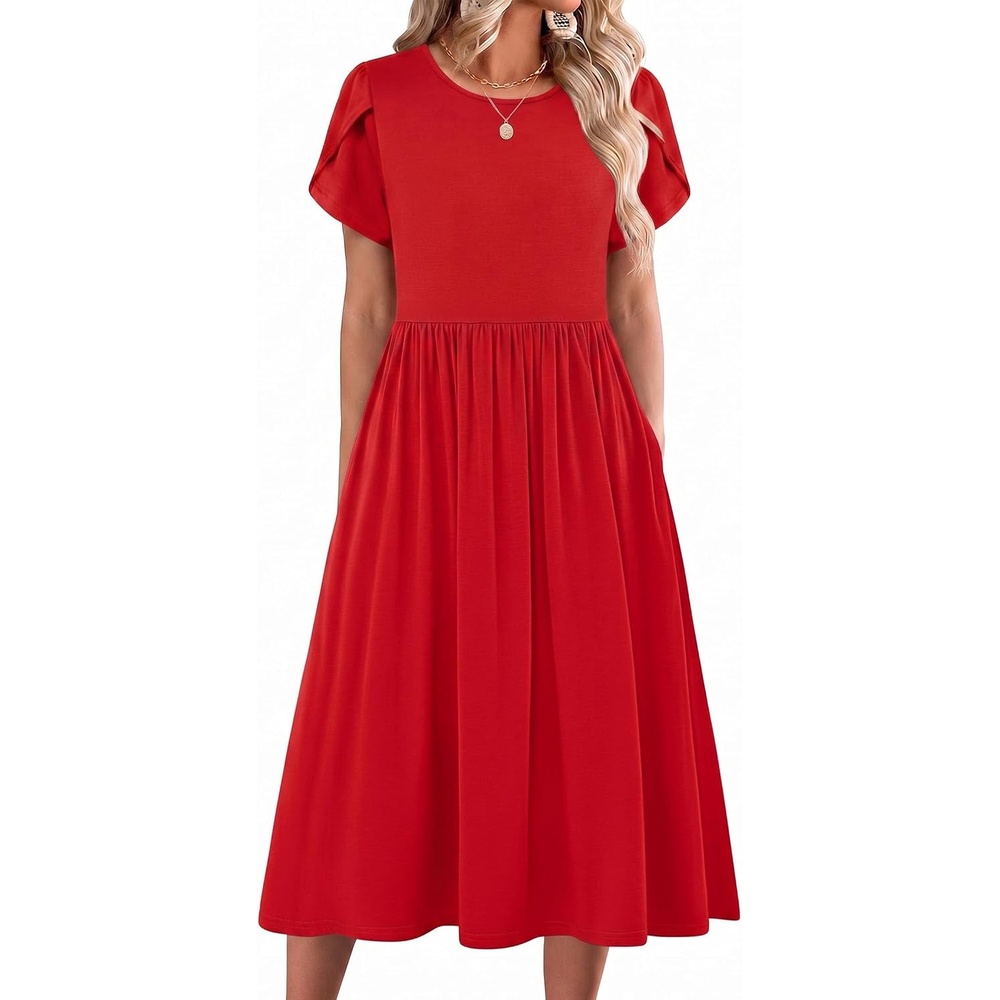 image:imageZeagoo Womens Summer Dresses Casual Aline Midi Dress Short Sleeve Floral Tshirt Dress Flowy Beach Sundresses with PocketsRed