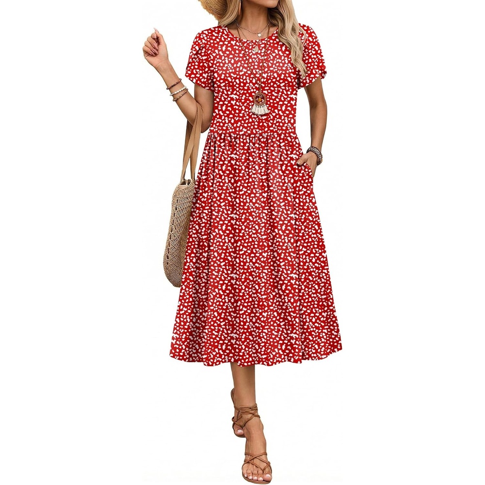 image:imageZeagoo Womens Summer Dresses Casual Aline Midi Dress Short Sleeve Floral Tshirt Dress Flowy Beach Sundresses with PocketsRed Round Dot