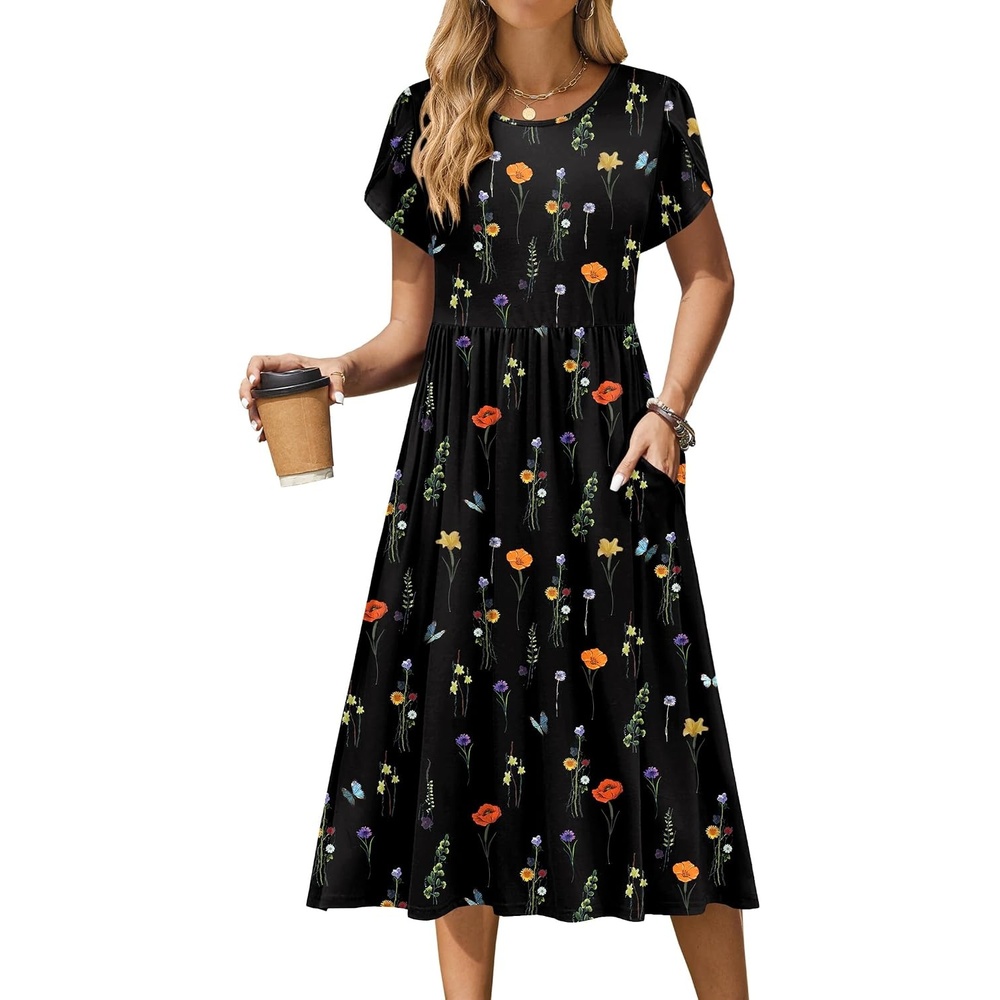 image:imageZeagoo Womens Summer Dresses Casual Aline Midi Dress Short Sleeve Floral Tshirt Dress Flowy Beach Sundresses with PocketsWf100