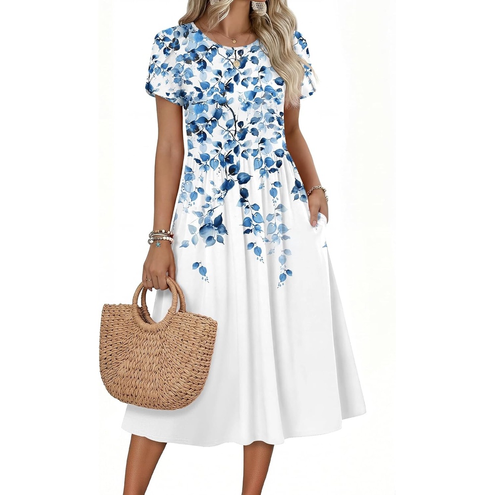 image:imageZeagoo Womens Summer Dresses Casual Aline Midi Dress Short Sleeve Floral Tshirt Dress Flowy Beach Sundresses with PocketsWf41