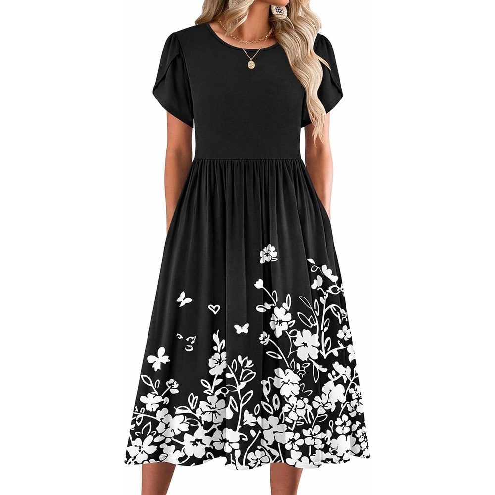 image:imageZeagoo Womens Summer Dresses Casual Aline Midi Dress Short Sleeve Floral Tshirt Dress Flowy Beach Sundresses with PocketsWhite Floral Black