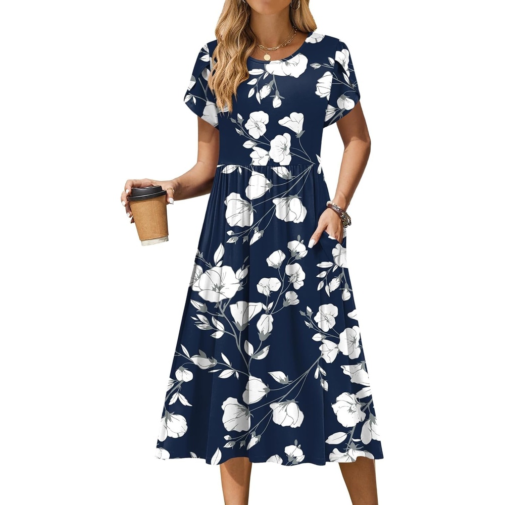 image:imageZeagoo Womens Summer Dresses Casual Aline Midi Dress Short Sleeve Floral Tshirt Dress Flowy Beach Sundresses with PocketsWhite Floral Blue