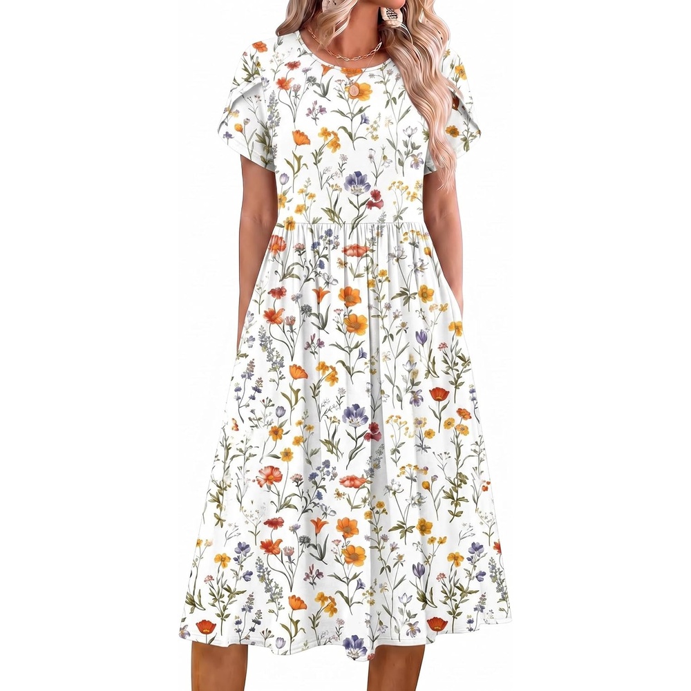 image:imageZeagoo Womens Summer Dresses Casual Aline Midi Dress Short Sleeve Floral Tshirt Dress Flowy Beach Sundresses with PocketsXh403