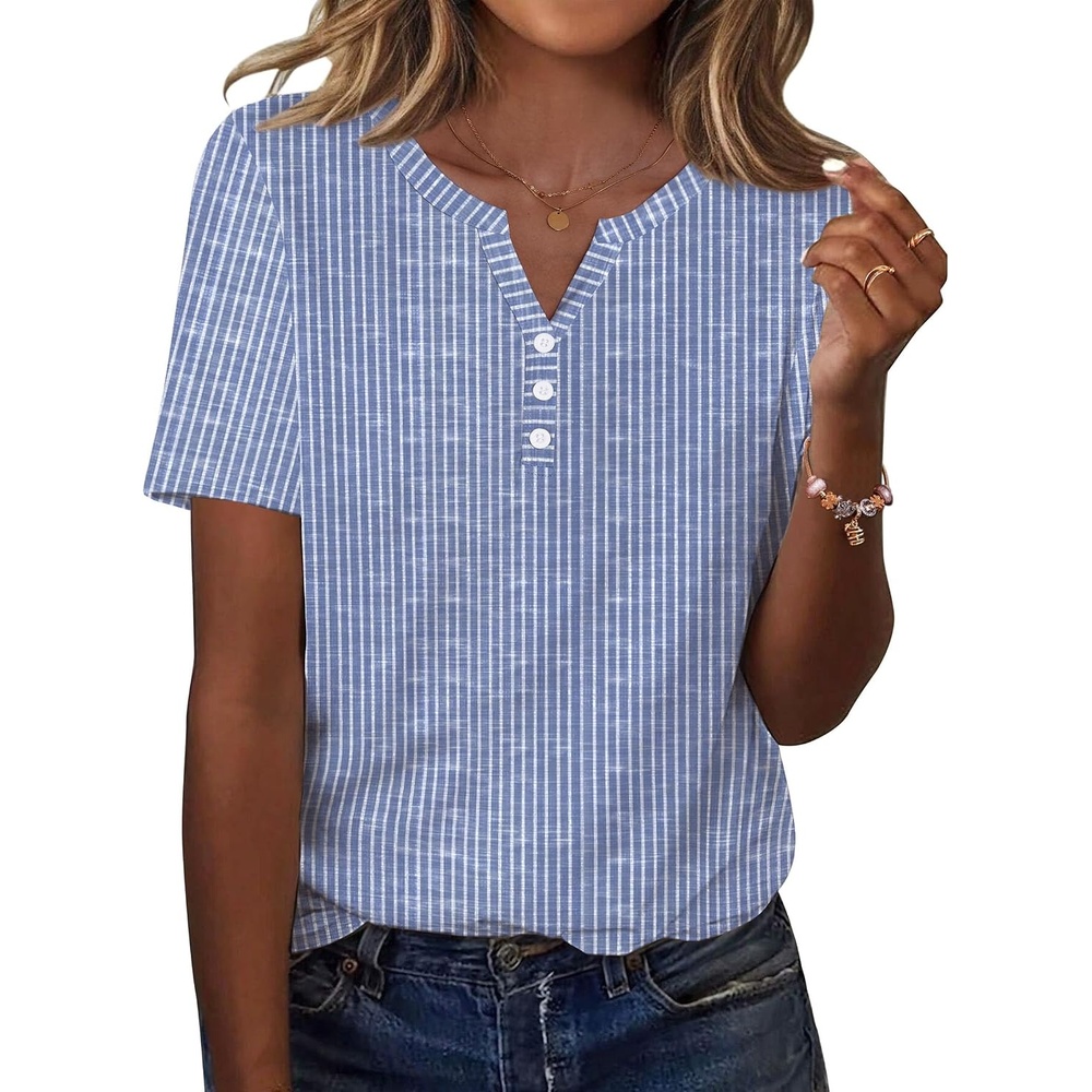 image:imageZeagoo Womens Summer Tops Casual Short Sleeve V Neck T Shirts Dressy BlouseBlue White Stripes