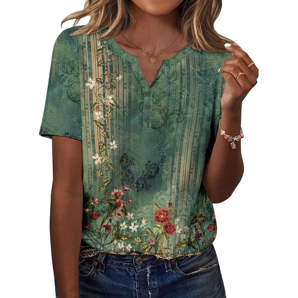 image:imageZeagoo Womens Summer Tops Casual Short Sleeve V Neck T Shirts Dressy BlouseFloral Green
