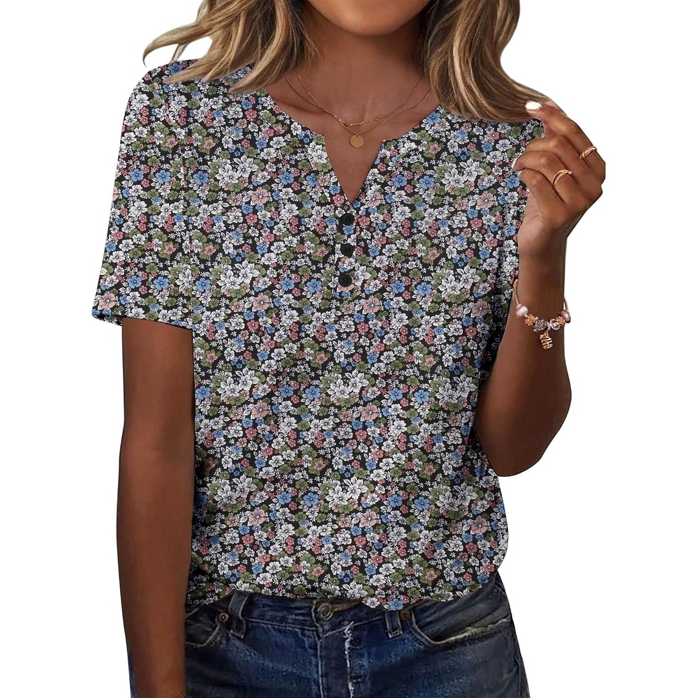 image:imageZeagoo Womens Summer Tops Casual Short Sleeve V Neck T Shirts Dressy BlouseFloral Multi
