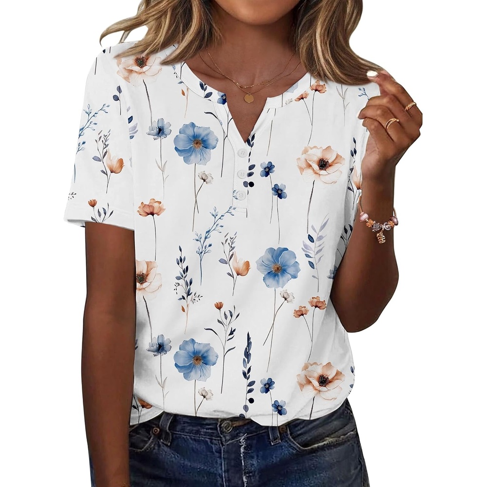 image:imageZeagoo Womens Summer Tops Casual Short Sleeve V Neck T Shirts Dressy BlouseFloral White