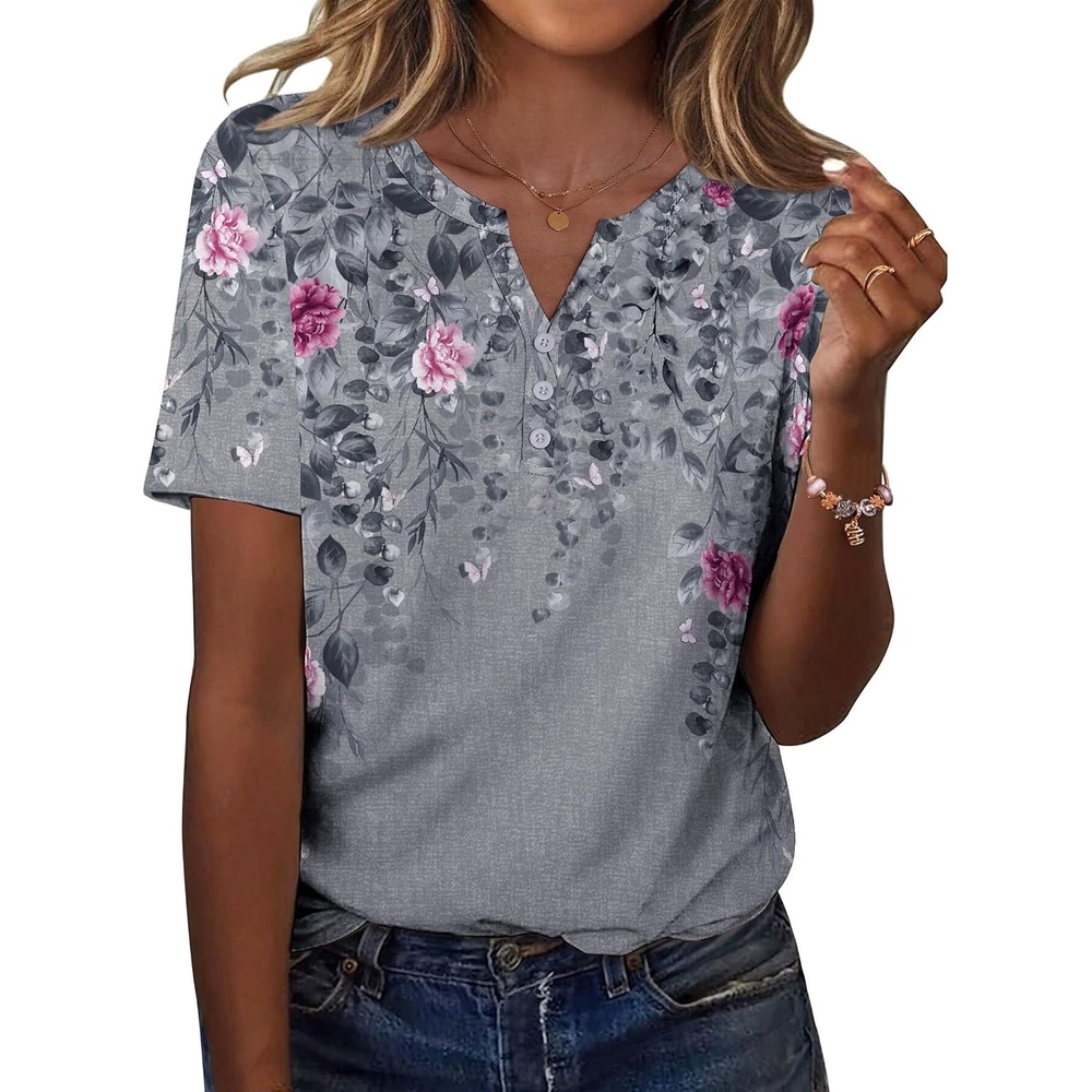 image:imageZeagoo Womens Summer Tops Casual Short Sleeve V Neck T Shirts Dressy BlouseGrey Floral