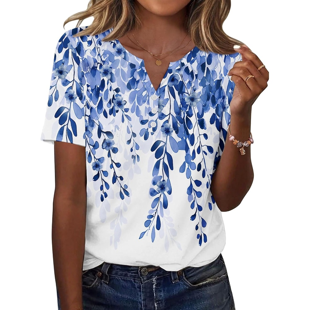 image:imageZeagoo Womens Summer Tops Casual Short Sleeve V Neck T Shirts Dressy BlouseLeaf White Blue
