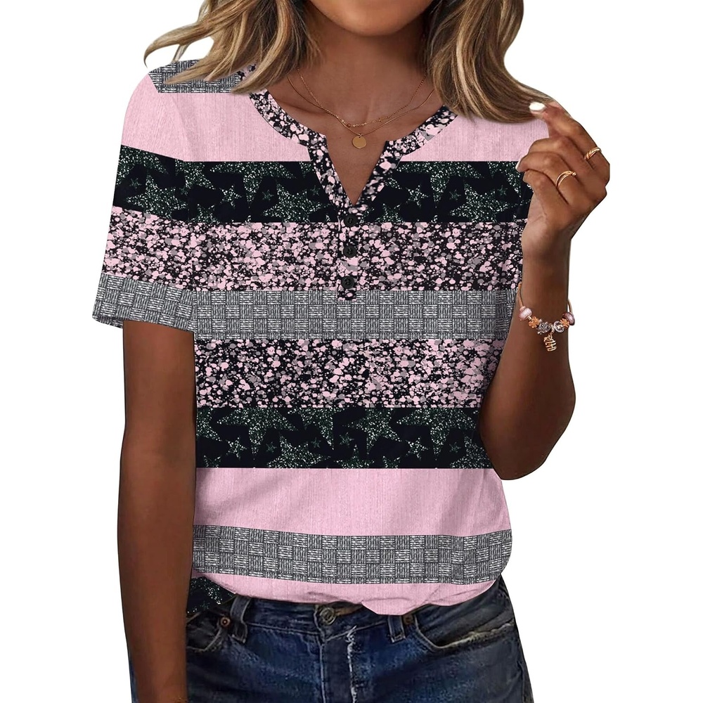 image:imageZeagoo Womens Summer Tops Casual Short Sleeve V Neck T Shirts Dressy BlouseStripes Black Pink