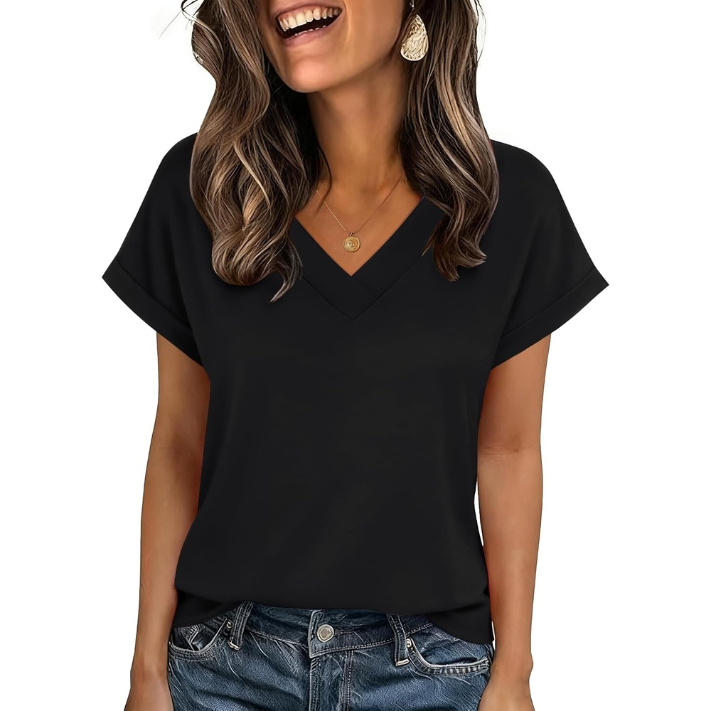 image:imageZeagoo Womens Summer Tops Rolled Short Sleeve Shirts Dressy Casual Blouses1black