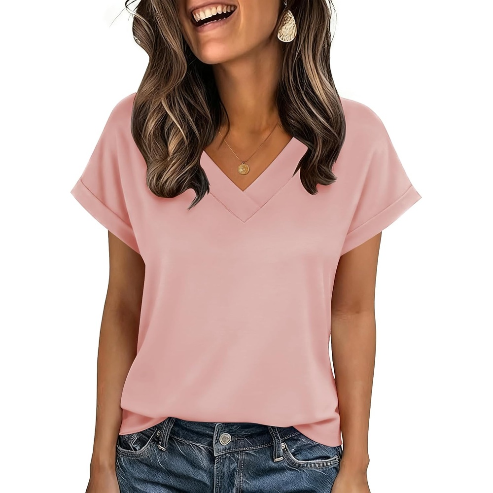 image:imageZeagoo Womens Summer Tops Rolled Short Sleeve Shirts Dressy Casual Blouses1pink