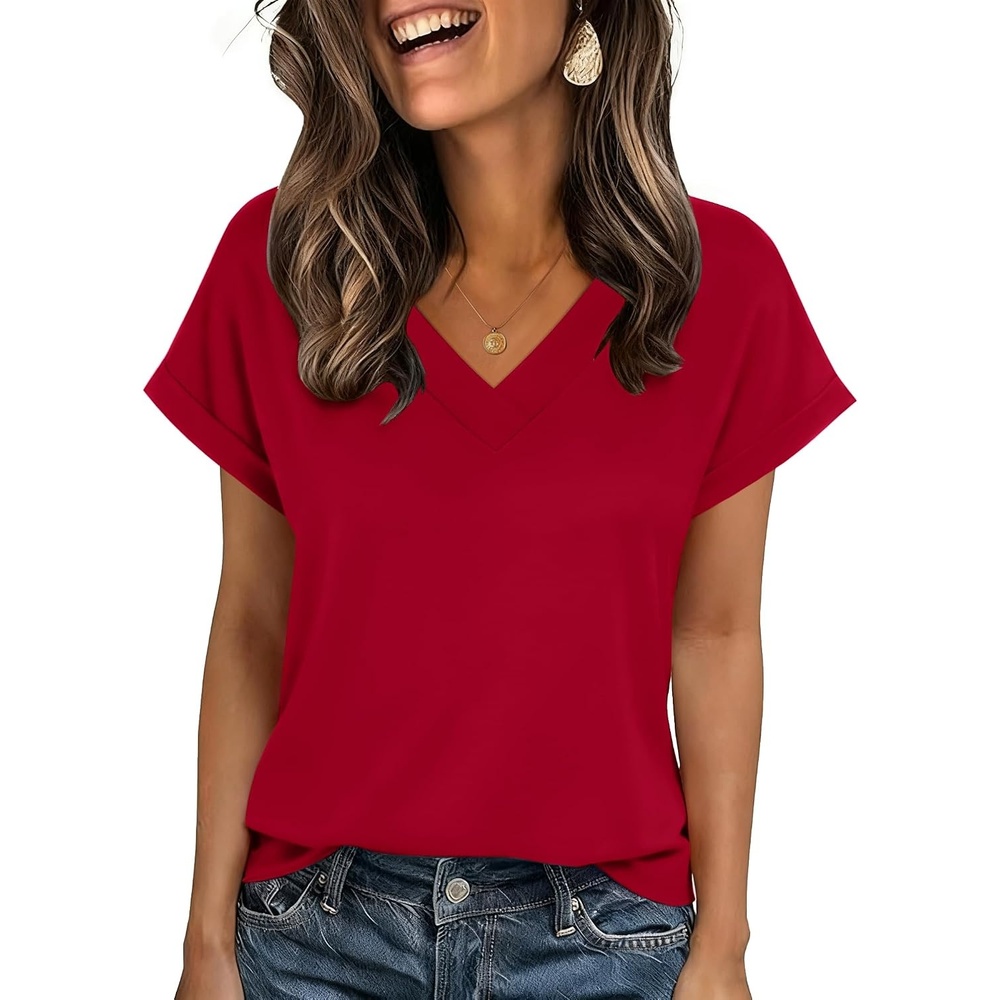 image:imageZeagoo Womens Summer Tops Rolled Short Sleeve Shirts Dressy Casual Blouses1red