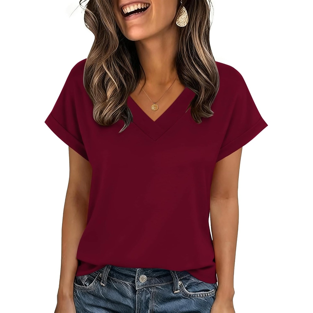 image:imageZeagoo Womens Summer Tops Rolled Short Sleeve Shirts Dressy Casual Blouses1wine Red2