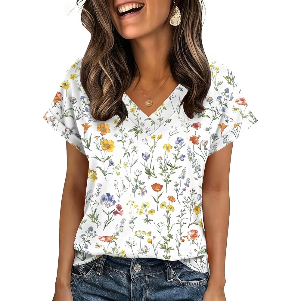 image:imageZeagoo Womens Summer Tops Rolled Short Sleeve Shirts Dressy Casual BlousesBeige Flowerxh403