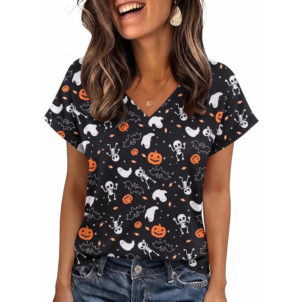 image:imageZeagoo Womens Summer Tops Rolled Short Sleeve Shirts Dressy Casual BlousesBlack Ghostws36
