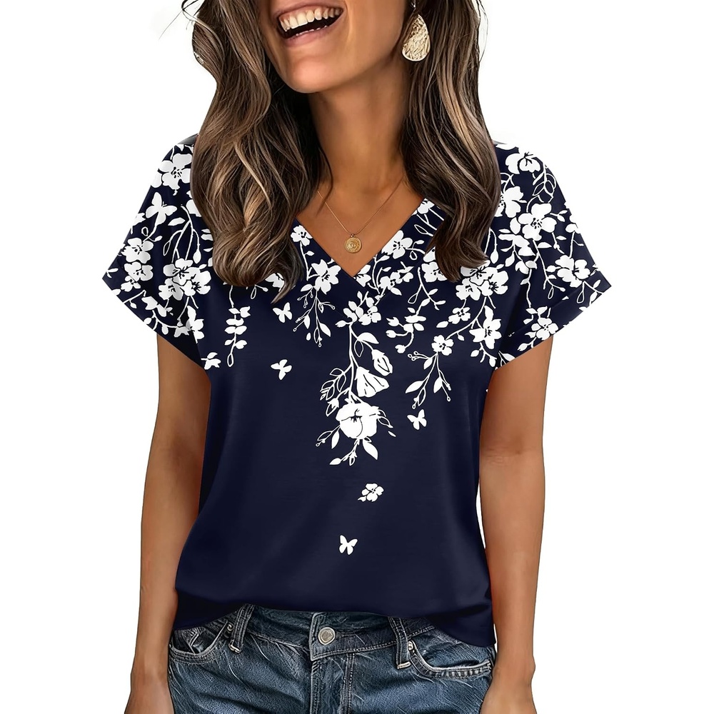 image:imageZeagoo Womens Summer Tops Rolled Short Sleeve Shirts Dressy Casual BlousesBlue Flowersf103