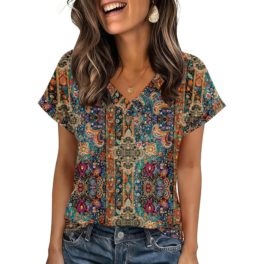 image:imageZeagoo Womens Summer Tops Rolled Short Sleeve Shirts Dressy Casual BlousesBohomz721