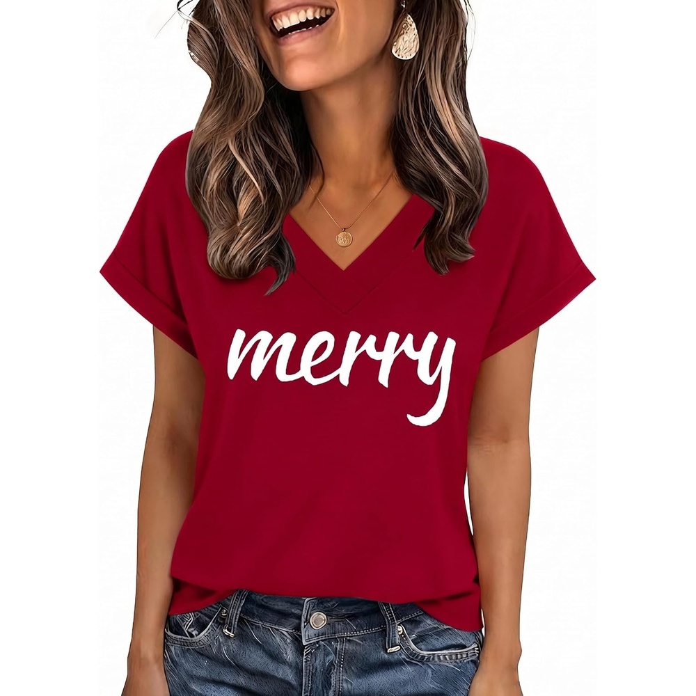 image:imageZeagoo Womens Summer Tops Rolled Short Sleeve Shirts Dressy Casual BlousesChristmas Redsd518