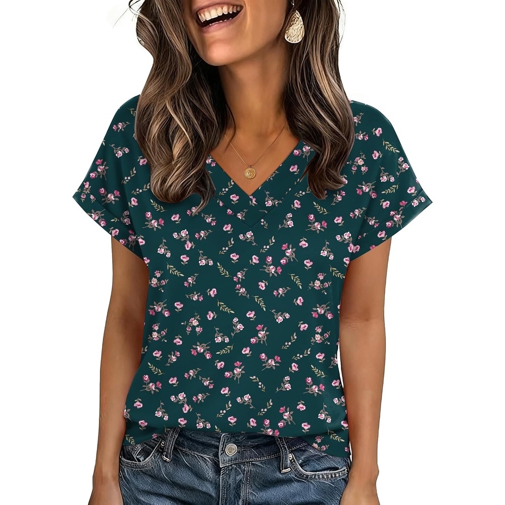 image:imageZeagoo Womens Summer Tops Rolled Short Sleeve Shirts Dressy Casual BlousesGreen Flowersxh522