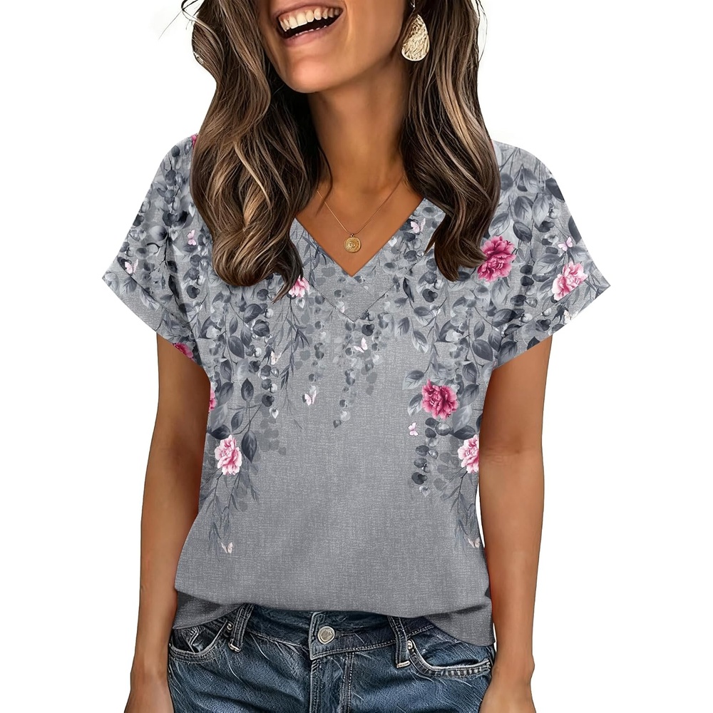 image:imageZeagoo Womens Summer Tops Rolled Short Sleeve Shirts Dressy Casual BlousesGrey Flowerhf36