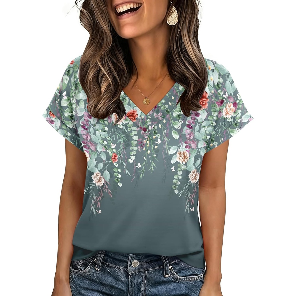 image:imageZeagoo Womens Summer Tops Rolled Short Sleeve Shirts Dressy Casual BlousesGrey Flowerwf71