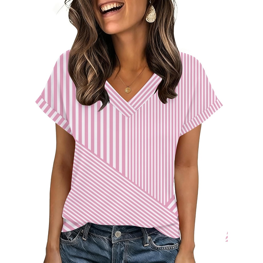 image:imageZeagoo Womens Summer Tops Rolled Short Sleeve Shirts Dressy Casual BlousesPink Stripestz300
