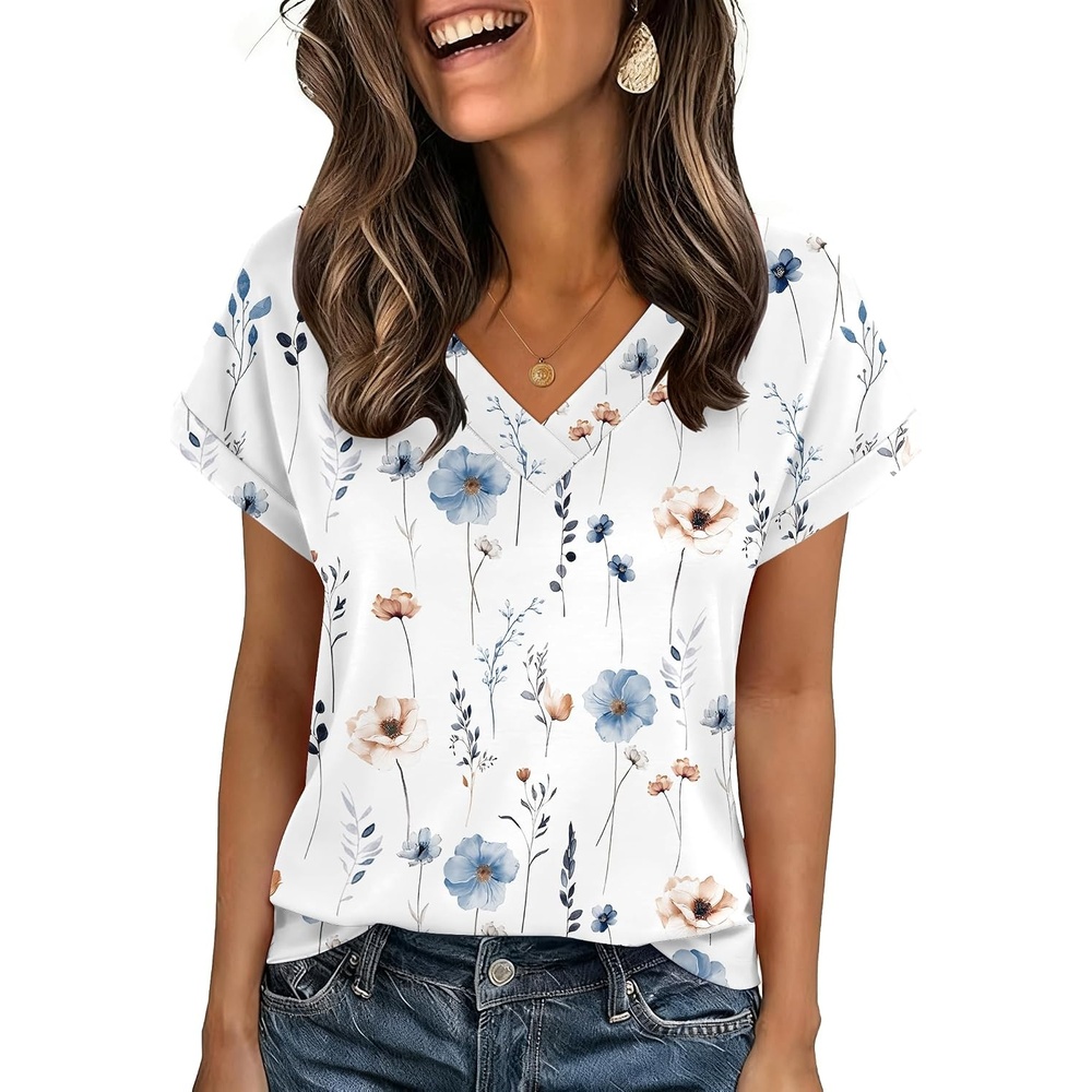 image:imageZeagoo Womens Summer Tops Rolled Short Sleeve Shirts Dressy Casual BlousesWhite Flowersbf290