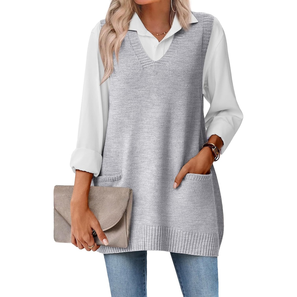 image:imageZeagoo Womens Sweater Vest 2026 Oversized Sleeveless V Neck Pullovers with Pocket Knitted Fall OutfitsGrey