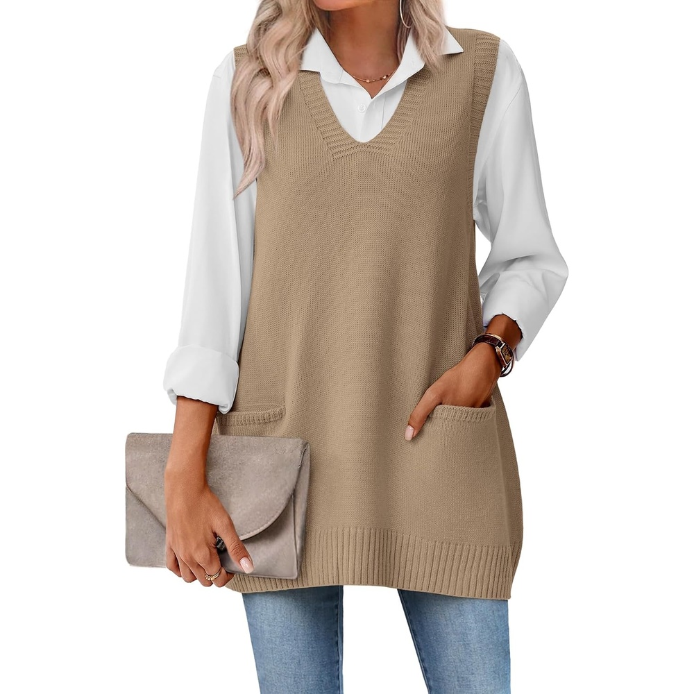 image:imageZeagoo Womens Sweater Vest 2026 Oversized Sleeveless V Neck Pullovers with Pocket Knitted Fall OutfitsKhaki