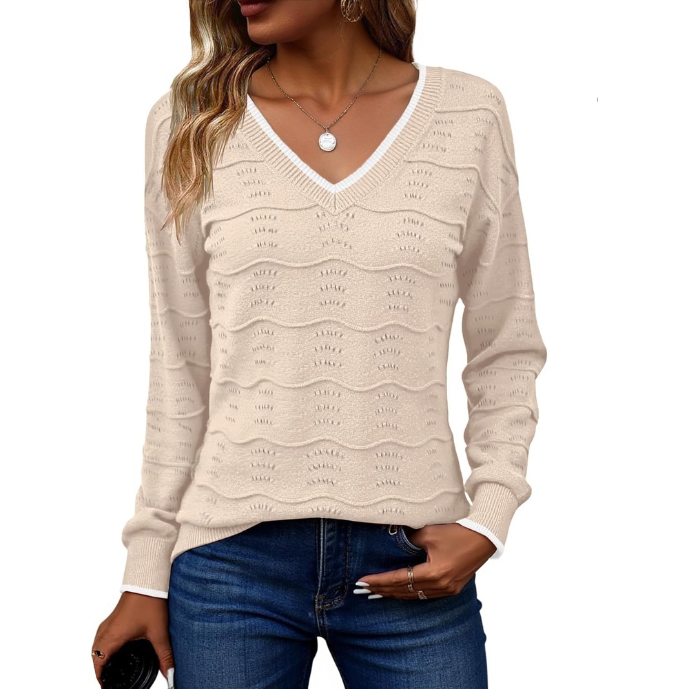 image:imageZeagoo Womens Sweaters Fall Casual Long Sleeve V Neck Shirts Lightweight Crochet Ribbed Knit Pullover Tops OutfitsApricot