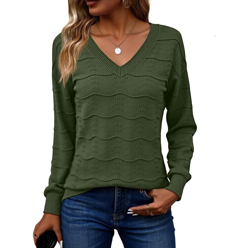 image:imageZeagoo Womens Sweaters Fall Casual Long Sleeve V Neck Shirts Lightweight Crochet Ribbed Knit Pullover Tops OutfitsArmy Green