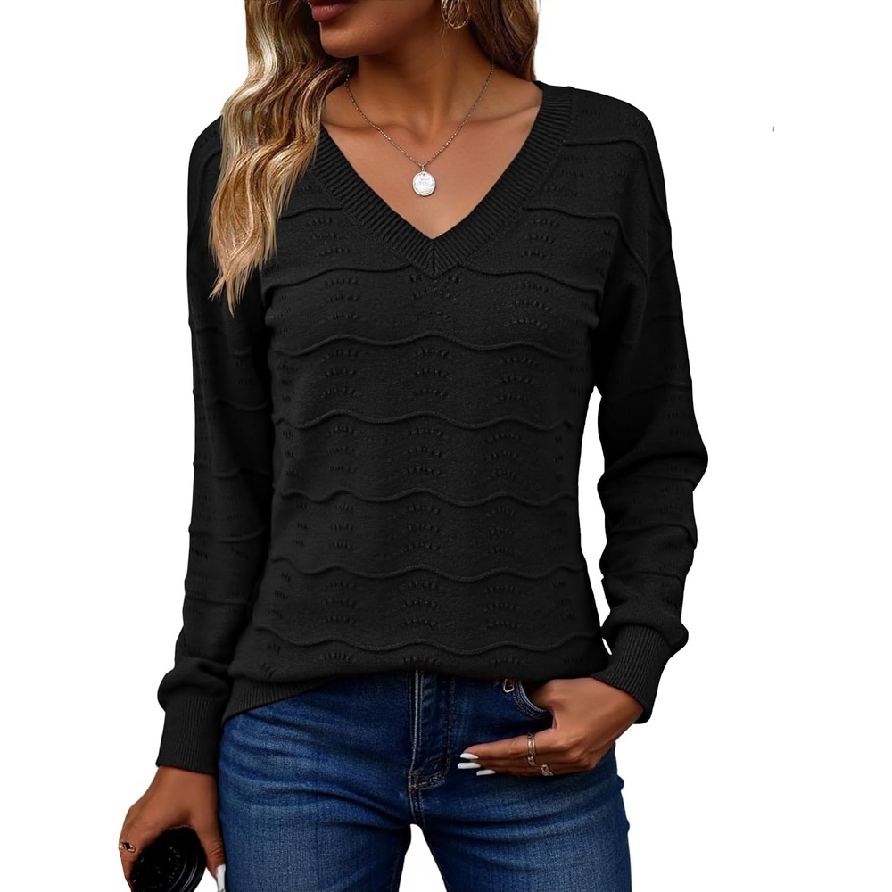 image:imageZeagoo Womens Sweaters Fall Casual Long Sleeve V Neck Shirts Lightweight Crochet Ribbed Knit Pullover Tops OutfitsBlack