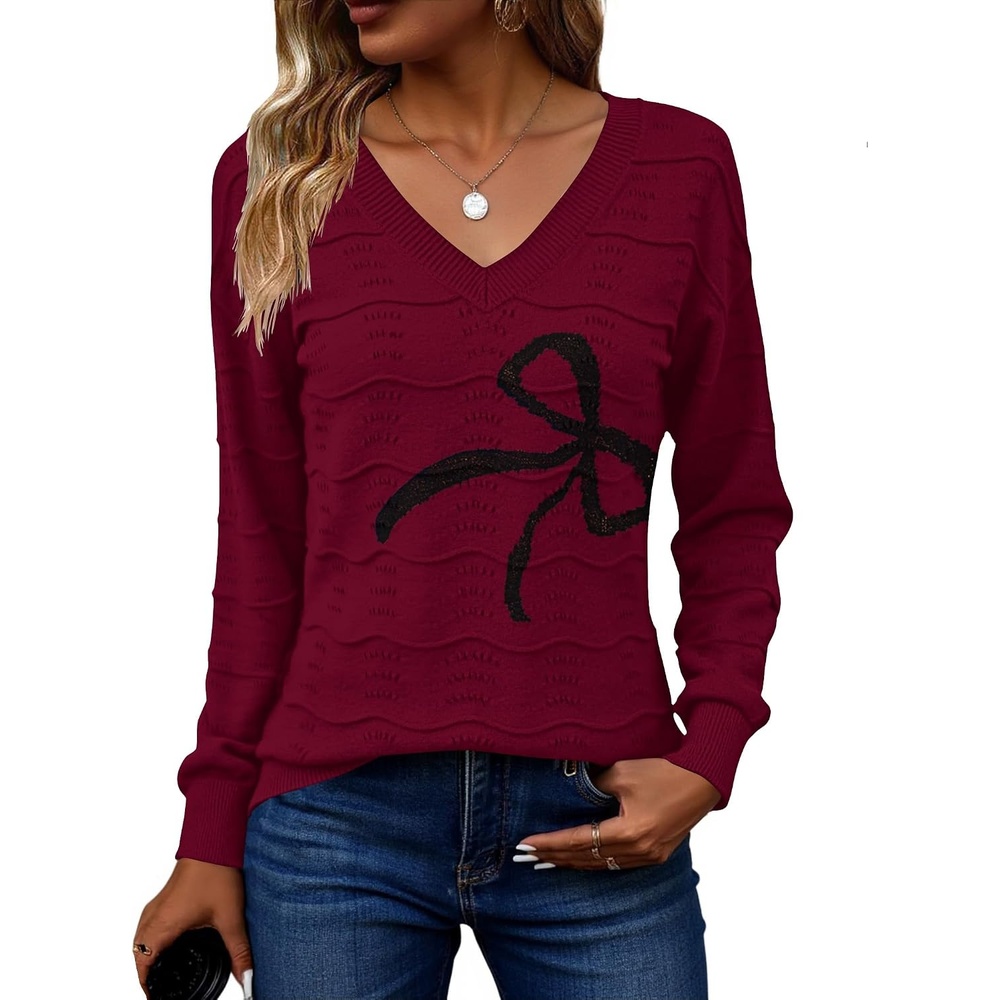 image:imageZeagoo Womens Sweaters Fall Casual Long Sleeve V Neck Shirts Lightweight Crochet Ribbed Knit Pullover Tops OutfitsBowwine Red