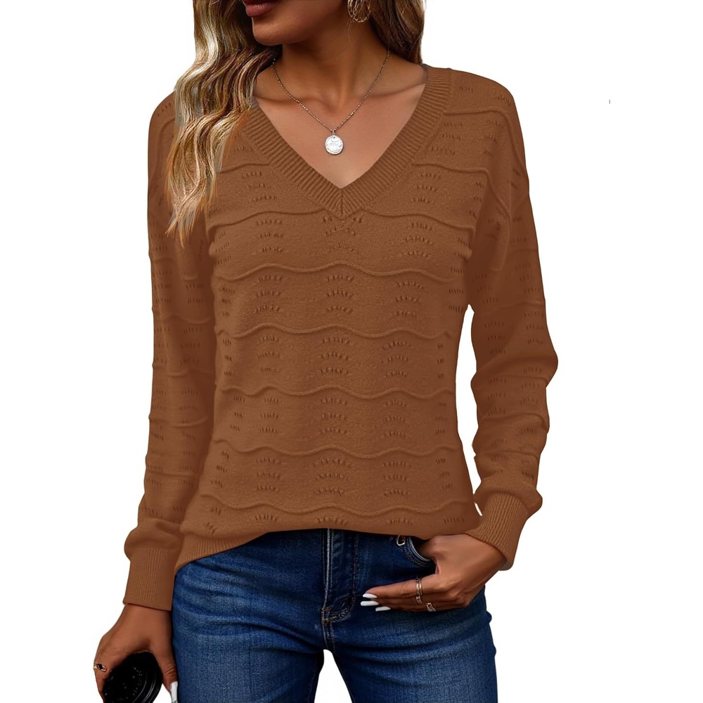 image:imageZeagoo Womens Sweaters Fall Casual Long Sleeve V Neck Shirts Lightweight Crochet Ribbed Knit Pullover Tops OutfitsCaramel