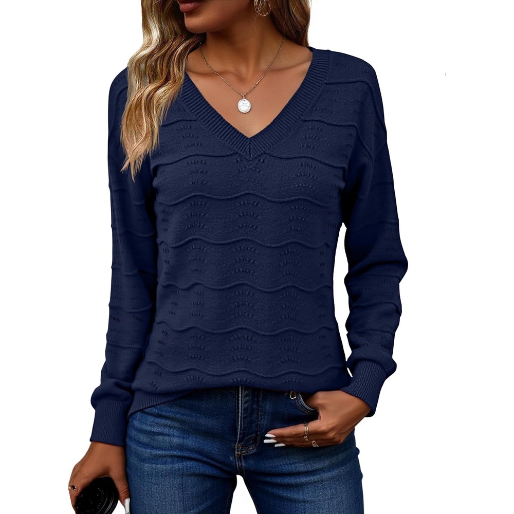 image:imageZeagoo Womens Sweaters Fall Casual Long Sleeve V Neck Shirts Lightweight Crochet Ribbed Knit Pullover Tops OutfitsNavy Blue
